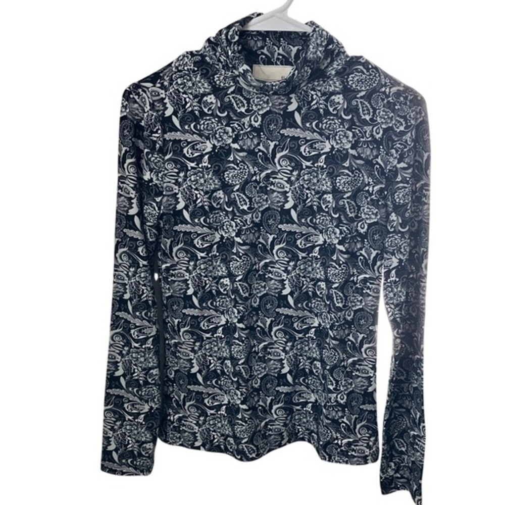 By Design Womens Black White Paisley Floral Mock Neck Long Sleeve‎ Top Small NEW